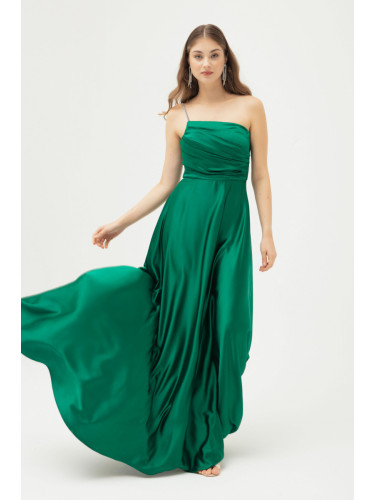 Lafaba Women's Emerald Green Stone Strap Flared Cut Long Satin Evening Dress