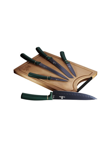 BerlingerHaus - К-кт неръждаеми ножове с бамбукова дъска 6 части зелени