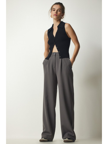 Щастие İstanbul Дамски сиви плисирани тъкани панталони