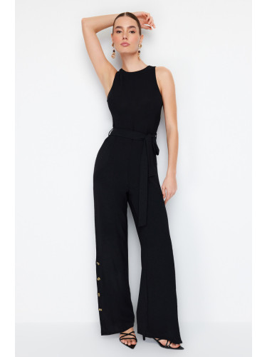 Trendyol Black Belted Snap Detailed Wide Leg Maxi Woven Jumpsuit