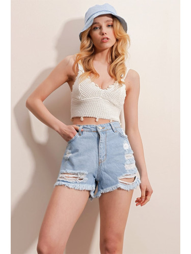 Trend Alaçatı Stili Women's Ice Blue Five Pockets High Waist Faded Effect Legs Seamless Denim Shorts