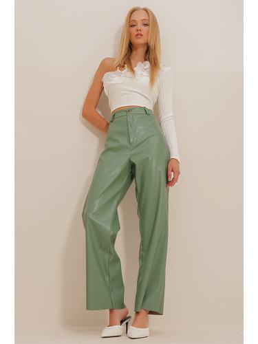 Trend Alaçatı Stili Дамски зелен двоен джоб Palazzo кожени панталони