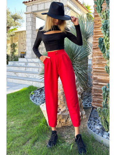 Trend Alaçatı Stili Дамски червени панталони с висока талия морков