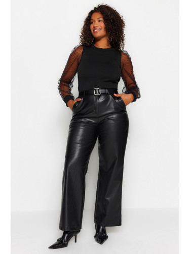 Trendyol Curve Black Wide Cut Faux Leather Woven Trousers