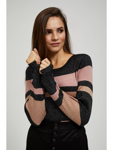 Marisse Black Striped Sweater With Metallic Thread And Round Neckline