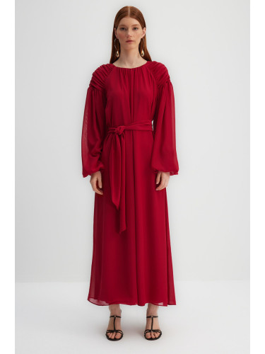 Trendyol X Kevser Sarıoğlu Fuchsia шифон вечерна рокля с драпиращ раменен колан и драперия