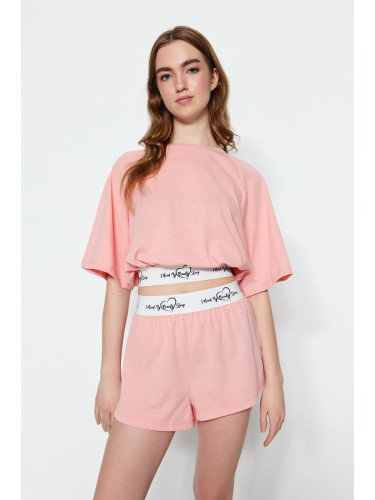 Trendyol Light Pink Cotton Slogan Elastic Detail Knitted Pajama Set with Shorts