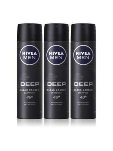 NIVEA MEN Deep Black Carbon Darkwood антиперспирант-спрей 3 x 150 ml(изгодна опаковка) за мъже