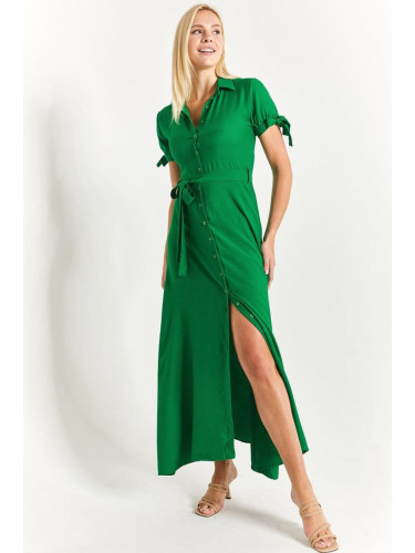 armonika Women's Green Tied Sleeve Belted Waist Shirt Dress