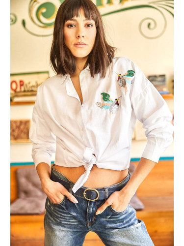 Olalook Women's White Birds, Sequin Detailed Woven Boyfriend Shirt