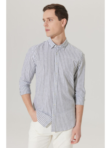 ALTINYILDIZ CLASSICS Men's White-khaki Slim Fit Slim Fit Slim Fit Hidden Button Collar Cotton Striped Linen Shirt.