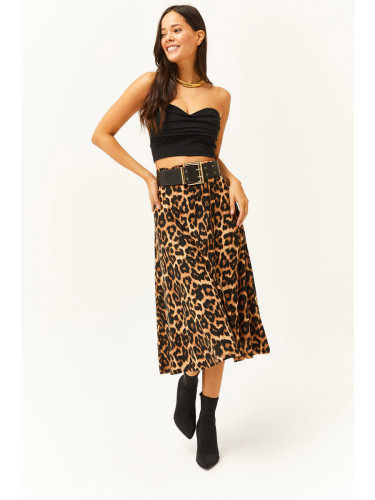 Olalook Women's Beige Leopard Elastic Waist Suede Textured A-Line Skirt