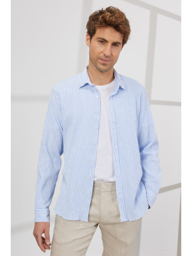 ALTINYILDIZ CLASSICS Men's White-blue Slim Fit Slim Fit Slim Fit Hidden Button Collar Cotton Striped Shirt