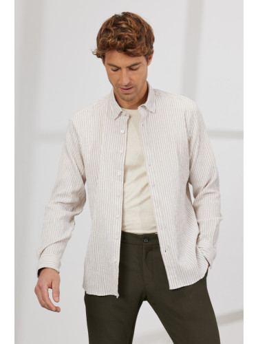 ALTINYILDIZ CLASSICS Men's White Beige Slim Fit Slim Fit Hidden Button Collar Cotton Striped Shirt.