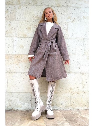 Тенденция Alaçatı Stili Дамски кафяв двуреден талията колан рибена кост шарени печат палто