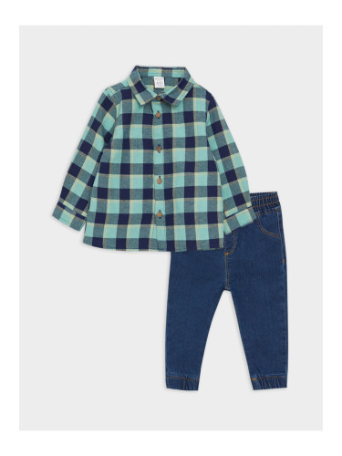 LC Waikiki Long Sleeve Plaid Patterned Baby Boy Shirt and Jeans 2-Piece Set