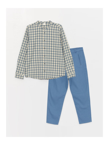 LC Waikiki Big Collar Plaid Boys' Shirt and Trousers