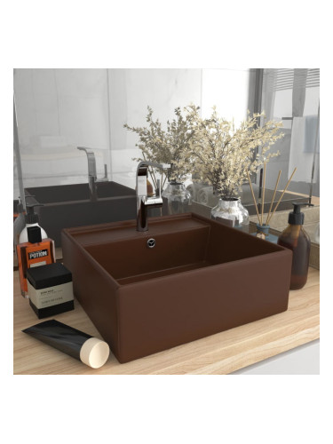 Sonata Мивка с преливник лукс квадрат тъмнокафяв мат 41x41 см керамика