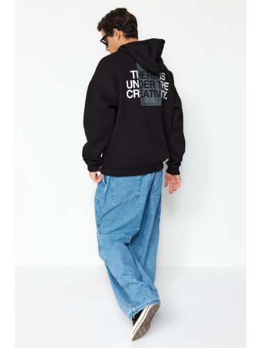 Trendyol Black Oversize/Wide Cut Hooded Long Sleeve Back Text Printed Sweatshirt