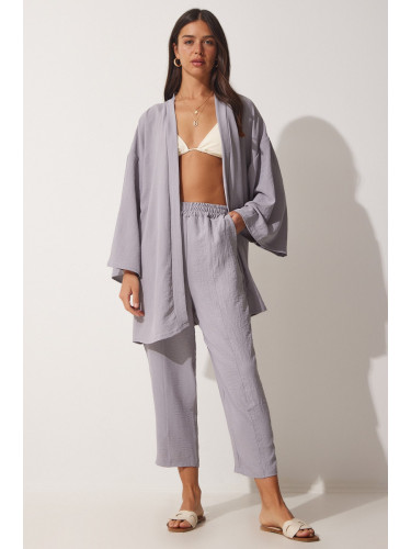 Happiness İstanbul Women's Gray Kimono Trousers Set