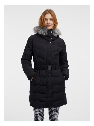 Orsay Black Women's Quilted Coat with Faux Fur - Women's