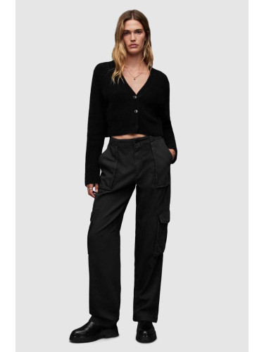 Памучен панталон AllSaints FRIEDA STRAIGHT в черно с кройка тип карго, със стандартна талия