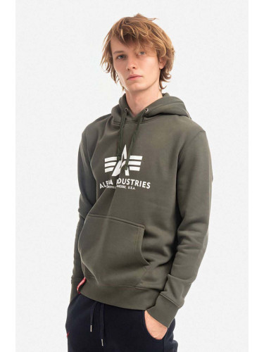 Суичър Alpha Industries Basic Hoody в зелено с качулка с принт 178312.142