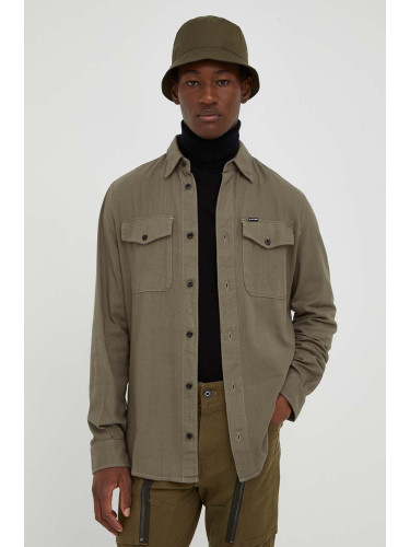 Памучна риза G-Star мъжка в зелено с кройка по тялото с класическа яка