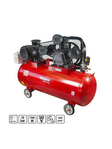 Компресор за въздух 270л, трифазен, RAIDER RD-AC06, 7.5kW, 10 bar, 900 л/мин.