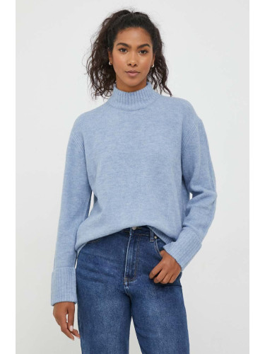 Пуловер с вълна Pepe Jeans дамски в синьо с ниско поло