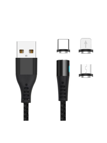 Кабел USB - Lightning + USB-C + Micro USB, Maxlife MXUC-02 1м магнитен, 2A, Черен