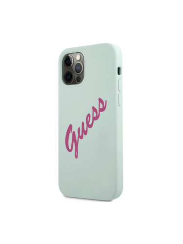 Оригинален кейс Guess Silicone Vintage с цикламен надпис, За iPhone 12/12 Pro (6.1), Ментов