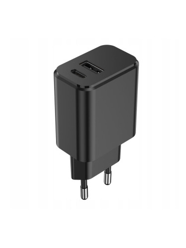 Мрежово зарядно устройство преходник адаптер Setty с USB и Type C изход 220V, 3A, 20W, Черен