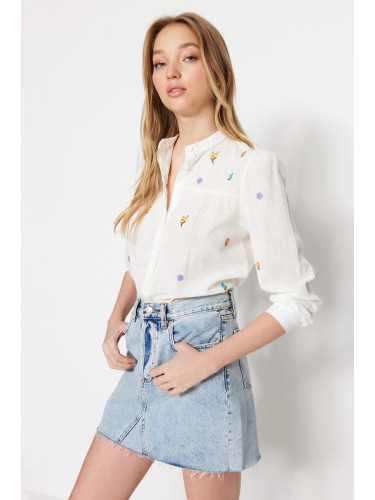 Trendyol Ecru Embroidery Detailed Regular Fit Woven Shirt