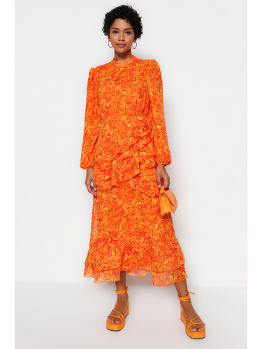 Trendyol Frill облицована тъкана рокля от шифон с оранжева флорална пола