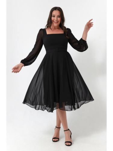 Lafaba Women's Black Square Neck Belted Midi Chiffon Plus Size Evening Dress.