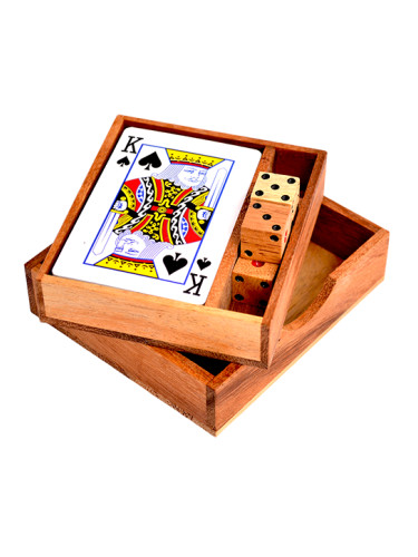 Луксозен комплект карти за игра (покер, белот, бридж) и зарове, ръчна изработка, в удобна за пренасяне дървена кутия 
