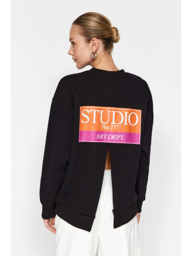 Trendyol Black Back Print Detailed Thick Inside Fleece Regular Fit Slit Knitted Sweatshirt