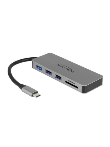 Докинг станция Delock, USB-A, USB-C, HDMI, SD, Micro SD, PD, 4K, Подсветка, Сива
