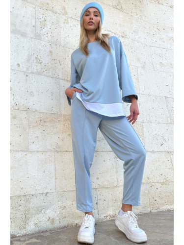 Trend Alaçatı Stili Women's Light Blue Crew Neck Garnish Blouse & Double Pocket Rib Stitched Trousers Suit
