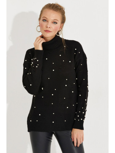 Cool & Sexy Women's Black Turtleneck Pearl Knitwear Sweater