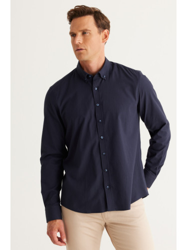 ALTINYILDIZ CLASSICS Men's Navy Blue Slim Fit Slim Fit Button-down Collar Cotton Gabardine Shirt
