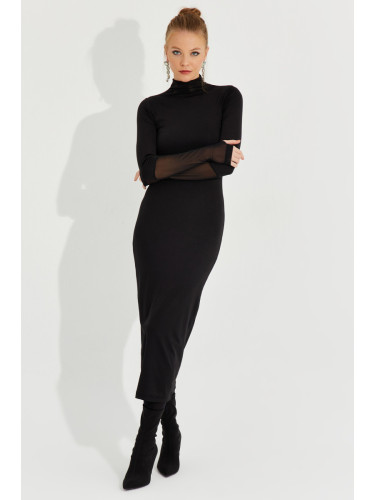 Cool & Секси жени Нова година черен тюл подробни Midi рокля с ръкавици