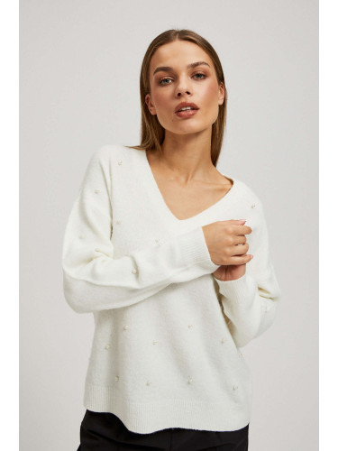 Marisse Pearl Beaded V-Neck Sweater