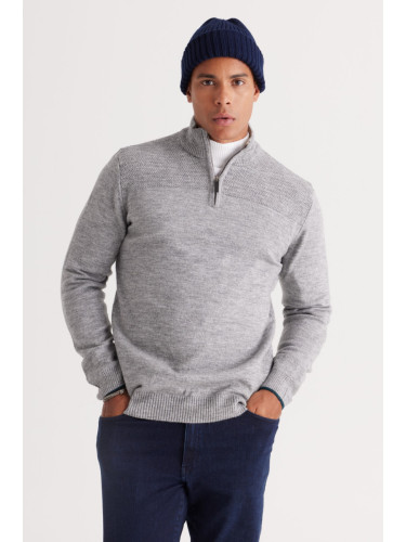 ALTINYILDIZ CLASSICS Men's Gray Melange Standard Fit Normal Cut High Bato Neck Raised Soft Textured Knitwear Sweater