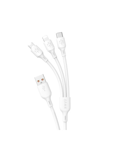 Кабел за зареждане и данни DUDAO USB Type A към USB Type C / micro USB / Lightning 480Mb/s 6A 1.2m бял