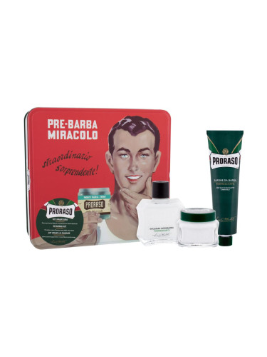 PRORASO Green Подаръчен комплект балсам за след бръснене Green 100 ml + крем за бръснене Green 150 ml + крем преди бръснене Green 100 ml + метална кутийка