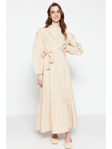 Trendyol бежова яка, бродирани, вратовръзка кръста тъкани рокля