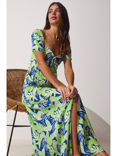 Щастие İstanbul Дамска тъмносиня зелена флорална вискоза лятна рокля