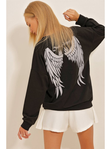 Trend Alaçatı Stili Women's Black Crew Neck Front And Back Wings Printed Oversize Sweatshirt